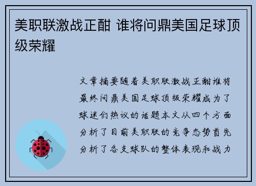 美职联激战正酣 谁将问鼎美国足球顶级荣耀