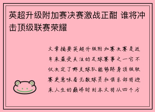 英超升级附加赛决赛激战正酣 谁将冲击顶级联赛荣耀